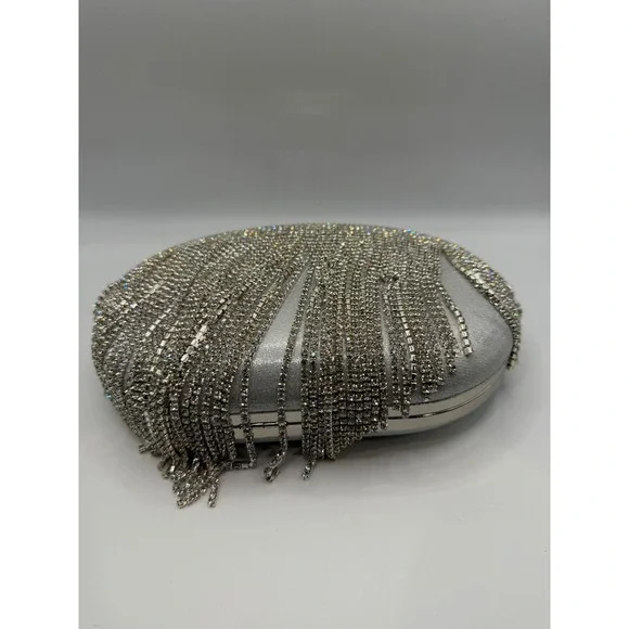 Olga Berg Silver Rhinestone Tassel Clutch Bag (missing a few gems see pics) - Picture 3 of 5